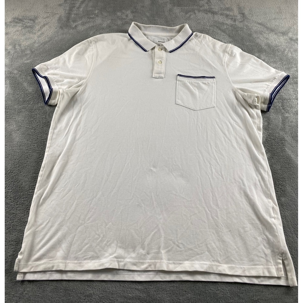 Sonoma Flexwear Mens XL White Navy Tipped‎ Pocket Polo Shirt Stretch Cotton